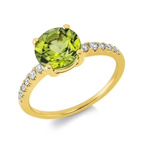 Ring aus 750 Gelbgold Peridot 2,24ct grün 12 Brillanten 0,18ct TW-SI B:7,9mm