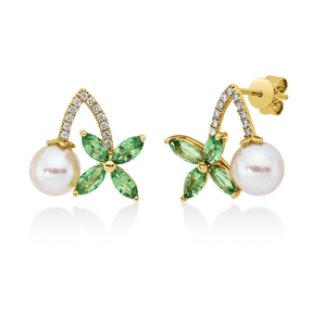 Ohrstecker aus 750 Gelbgold 8 Tsavorithe 1,34ct grün 24 Brillanten 0,12ct TW-SI