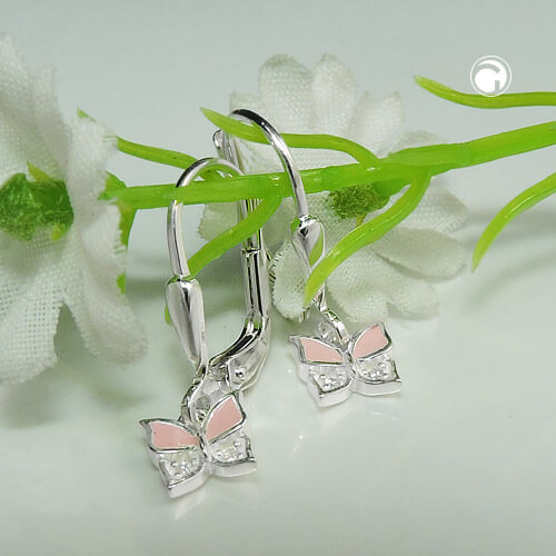 Ohrbrisur Ohrhänger Ohrringe 19x6mm Schmetterling rosa lackiert mit Zirkonia 925 Silber