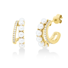 Ohrstecker 750 Gelbgold 12 Süßwasser-Perlen 3mm weiß 28 Brillanten 0,14ct TW-SI