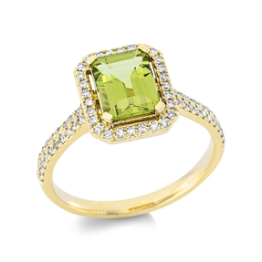 Ring aus 750 Gelbgold Peridot 1,66ct grün 72 Diamanten 0,26ct TW-SI B:11,4mm