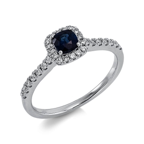 Ring aus 750 Weißgold Saphir 0,39ct blau 30 Brillanten 0,23ct TW-SI B:6,5mm