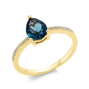 Ring aus 750 Gelbgold Topas 1,23ct London Blue 20 Brillanten 0,08ct TW-SI B:8,9mm