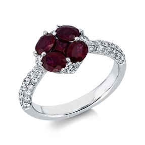 Ring aus 750 Weißgold 5 Rubine 1,38ct rot 42 Brillanten 0,67ct TW-SI B:9,3mm