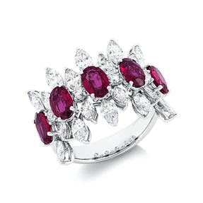 Ring aus 750 Weißgold 5 Rubine 2,37ct rot 22 Diamanten 1,94ct F-VVS/VS B:15,8mm