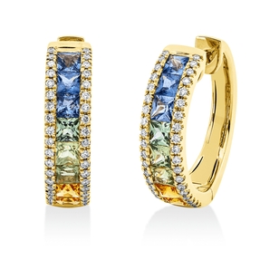 Creolen aus 750 Gelbgold 16 Saphire 1,9ct blau 76 Brillanten 0,3ct TW-SI 18x4,5mm