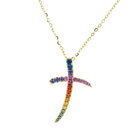 Collier Kreuz aus 750 Gold Gelbgold 24 Saphire 0,57ct mehrfarbig L:45cm