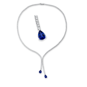 Collier 750 Weißgold 2 Saphire 2,85ct blau 99 Brillanten 2,96ct TW-VSI L:40,6cm