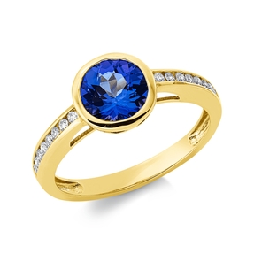 Ring aus 585 Gelbgold Tansanit 1,56ct blau 16 Brillanten 0,15ct TW-SI B:8,3mm