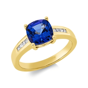 Ring 750 Gelbgold Tansanit 2,15ct blau 8 Diamanten Prinzess-Schliff 0,23ct TW-SI
