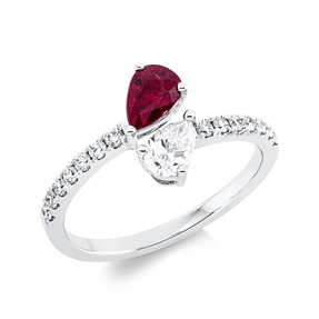 Ring aus 750 Weißgold Rubin 0,56ct rot 15 Diamanten Fanatsy-Schliff 0,53ct TW-SI