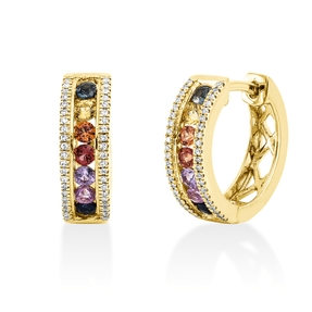 Creolen aus 750 Gelbgold 14 Saphire 0,68ct mehrfarbig 84 Diamanten 0,1ct TW-SI Creolen aus 750 Gelbgold 14 Saphire 0,68ct mehrfarbig 84 Diamanten 0,1ct TW-SI