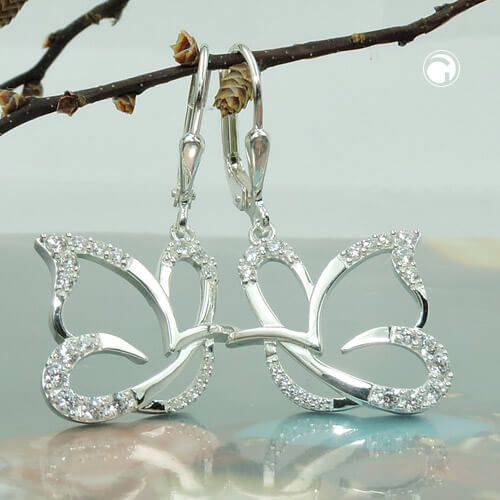 Ohrbrisur Ohrhänger Ohrringe 35x18mm stilisierter Schmetterling mit Zirkonias 925 Silber