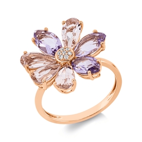 Ring Blume 750 Rotgold 7 Amethyste 4,2ct pink 7 Brillanten 0,04ct TW-SI B:18,1mm