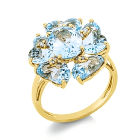 Ring aus 750 Gelbgold 6 Topase 9,7ct skyblue 10 Brillanten 0,09ct TW-SI B:18,8mm