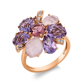 Ring aus 750 Rotgold 10 Quarze 5,2ct rosa 9 Brillanten 0,08ct TW-SI B:19mm