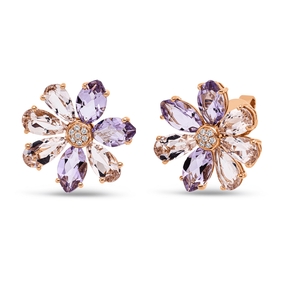 Ohrstecker Blume aus 750 Rotgold 14 Amethyste 8,3ct pink 14 Brillanten 0,08ct TW-SI