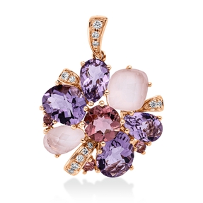 Anhänger 750 Rotgold 10 Quarze 6,3ct rosa 12 Brillanten 0,1ct TW-SI 25,5x19,4mm