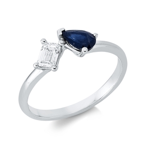 Ring 750 Weißgold Saphir 0,46ct blau Diamant Smaragd-Schliff 0,31ct TW-SI B:6,3mm