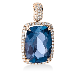 Anhänger aus 750 Rotgold Topas 8,9ct London Blue 54 Brillanten 0,29ct TW-SI