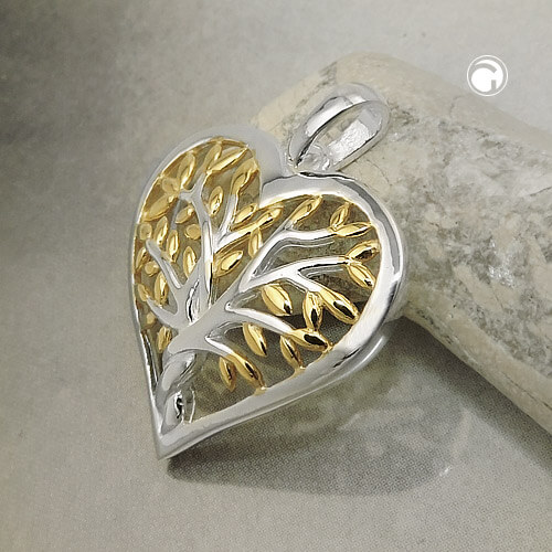 Anhänger 19x19mm Herz mit Baum des Lebens bicolor glänzend 925 Silber