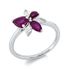 Ring aus 750 Weißgold 3 Rubine 1,05ct rot 3 Diamanten Navette-Schliff 0,36ct TW-SI