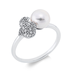 Ring aus 750 Weißgold Süßwasser-Perle 7mm weiß 34 Brillanten 0,2ct TW-SI