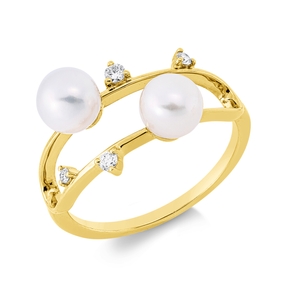Ring aus 750 Gelbgold 2 Süßwasser-Perlen 5,5mm weiß 4 Brillanten 0,07ct TW-SI
