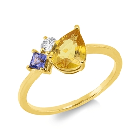Ring aus 750 Gelbgold 2 Tansanite 1,62ct blau Brillant 0,11ct TW-SI B:8,9mm