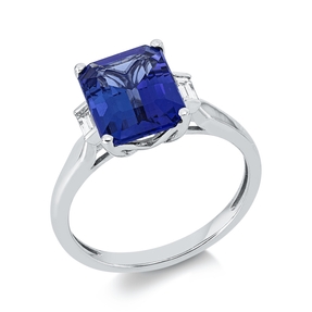 Ring 750 Weißgold Tansanit 3,14ct blau 2 Diamanten Baguette-Schliff 0,15ct TW-SI