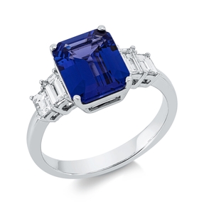 Ring 750 Weißgold Tansanit 2,79ct blau 4 Diamanten Baguette-Schliff 0,55ct TW-SI