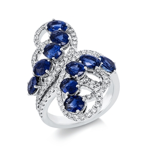 Ring aus 750 Weißgold 10 Saphire 4,79ct blau 106 Brillanten 1ct F-VVS/VS B:32mm