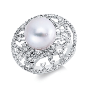 Ring 750 Weißgold Südsee-Perle 12,5mm weiß 140 Brillanten 1,36ct F-SI B:25,9mm