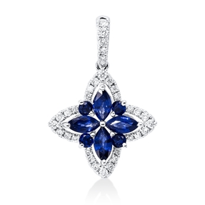 Anhänger 750 Weißgold 8 Saphire 0,81ct blau 34 Brillanten 0,19ct TW-SI 22x14,7mm Anhänger 750 Weißgold 8 Saphire 0,81ct blau 34 Brillanten 0,19ct TW-SI 22x14,7mm
