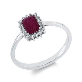 Ring aus 750 Weißgold Rubin 0,6ct rot 18 Diamanten 0,11ct TW-SI B:8,9mm 4er-Krappe