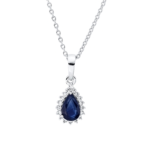 Collier Tropfen 750 Weißgold Saphir 0,68ct blau 18 Diamanten 0,09ct TW-SI L:45cm