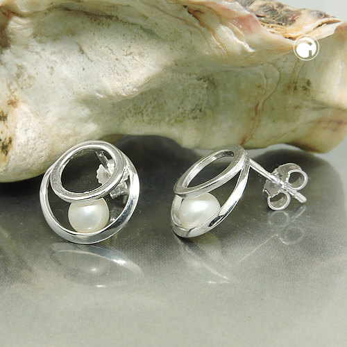 Ohrstecker Ohrringe 11mm 2 Kreise mit Süßwasserzuchtperle 925 Silber