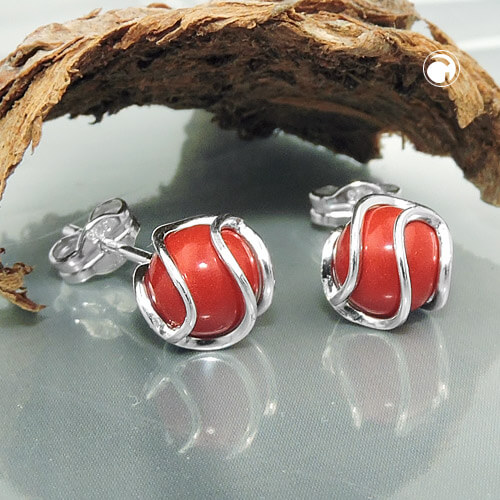 Ohrstecker Ohrring 7mm aufgearbeitete Koralle rot matt umwickelt 925 Silber
