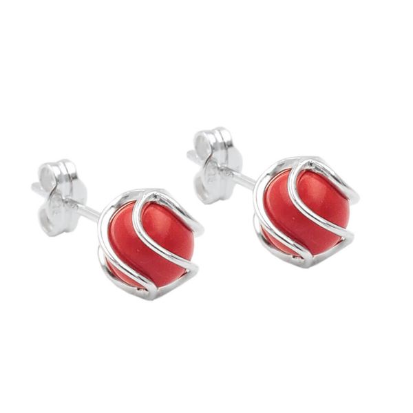 Ohrstecker Ohrring 7mm aufgearbeitete Koralle rot matt umwickelt 925 Silber