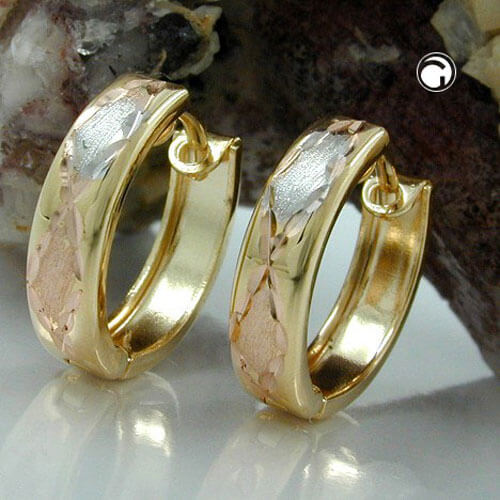 Creole Ohrring 12x3mm Klappscharnier tricolor diamantiert 9Kt 375 Gold