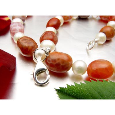 Kette aus Feuerachat und Perlen 925 Silber
