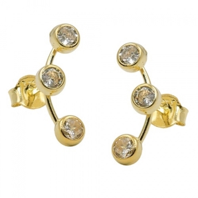 Ohrstecker Ohrschmuck, drei runde weiße Zirkonia mit Steg, 375 Gold Gelbgold