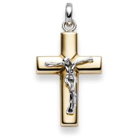 Anhänger Kreuz mit Jesus 29x16mm 585 Gold Gelbgold & Weißgold bicolor