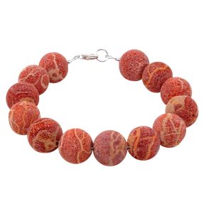 Armband aus Natur-Koralle 14mm Kugel mit Poren 925 Silber rot-orange Armschmuck