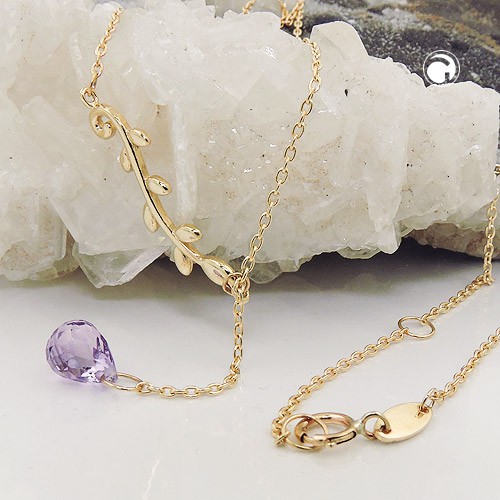 Y-Kette mit Amethyst und Blätterranke 375 Gold 45cm