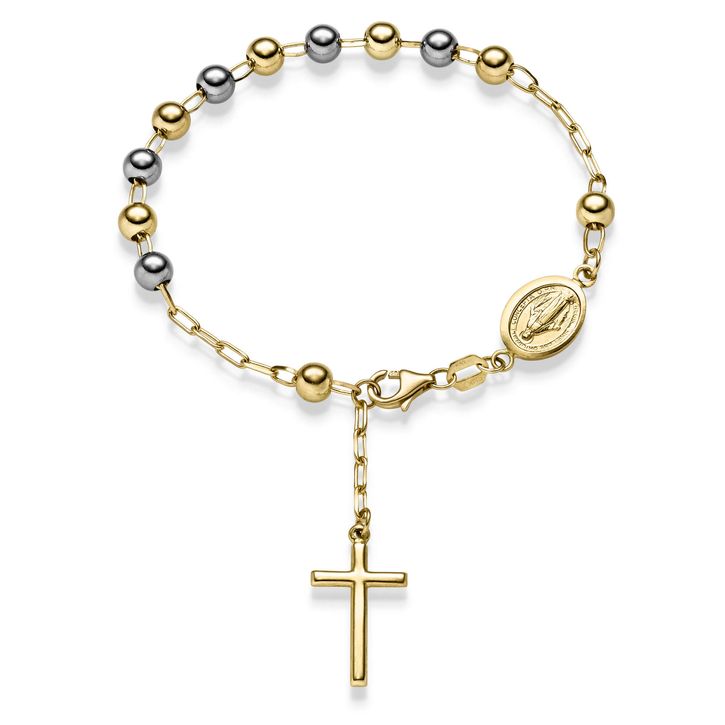 Rosenkranz 5mm Kugel-Armband Kreuz und Amulett 585 Gold