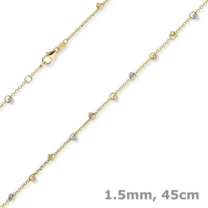 1.5mm Kette mit Kügelchen 585 Gold tricolor 45cm