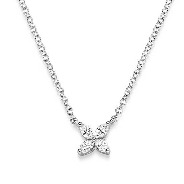 Collier Blume 750 Weißgold 4 Navette-Diamanten 0.24 ct 45cm