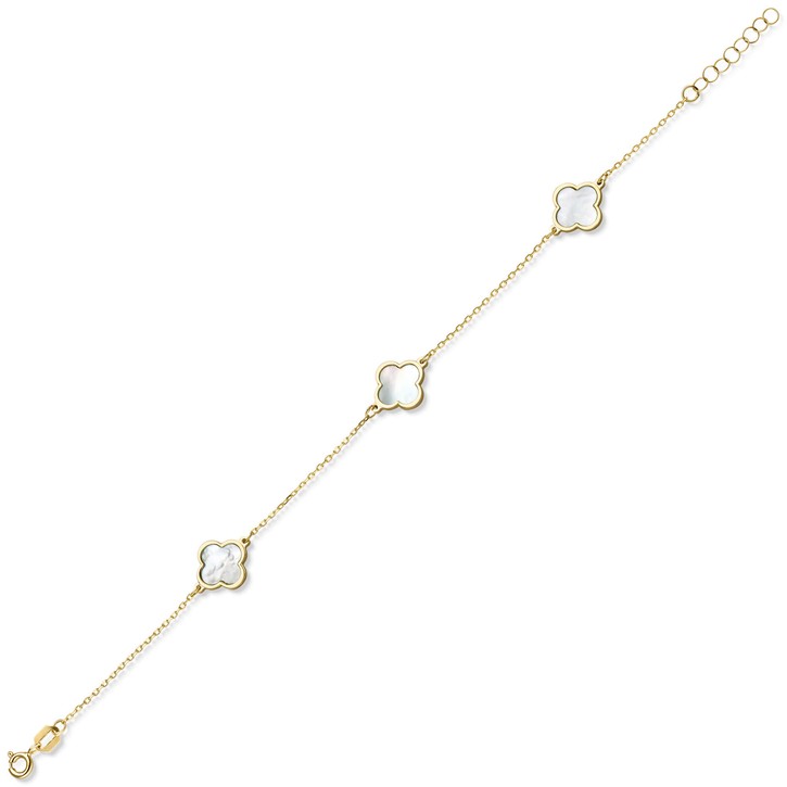 Armband 3 Kleeblatt-Blumen mit Perlmutt 585 Gelbgold 20cm