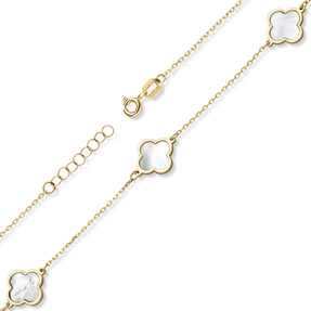 Armband Armkette 3 Kleeblatt-Blumen mit Perlmutt 585 Gold Gelbgold 20cm